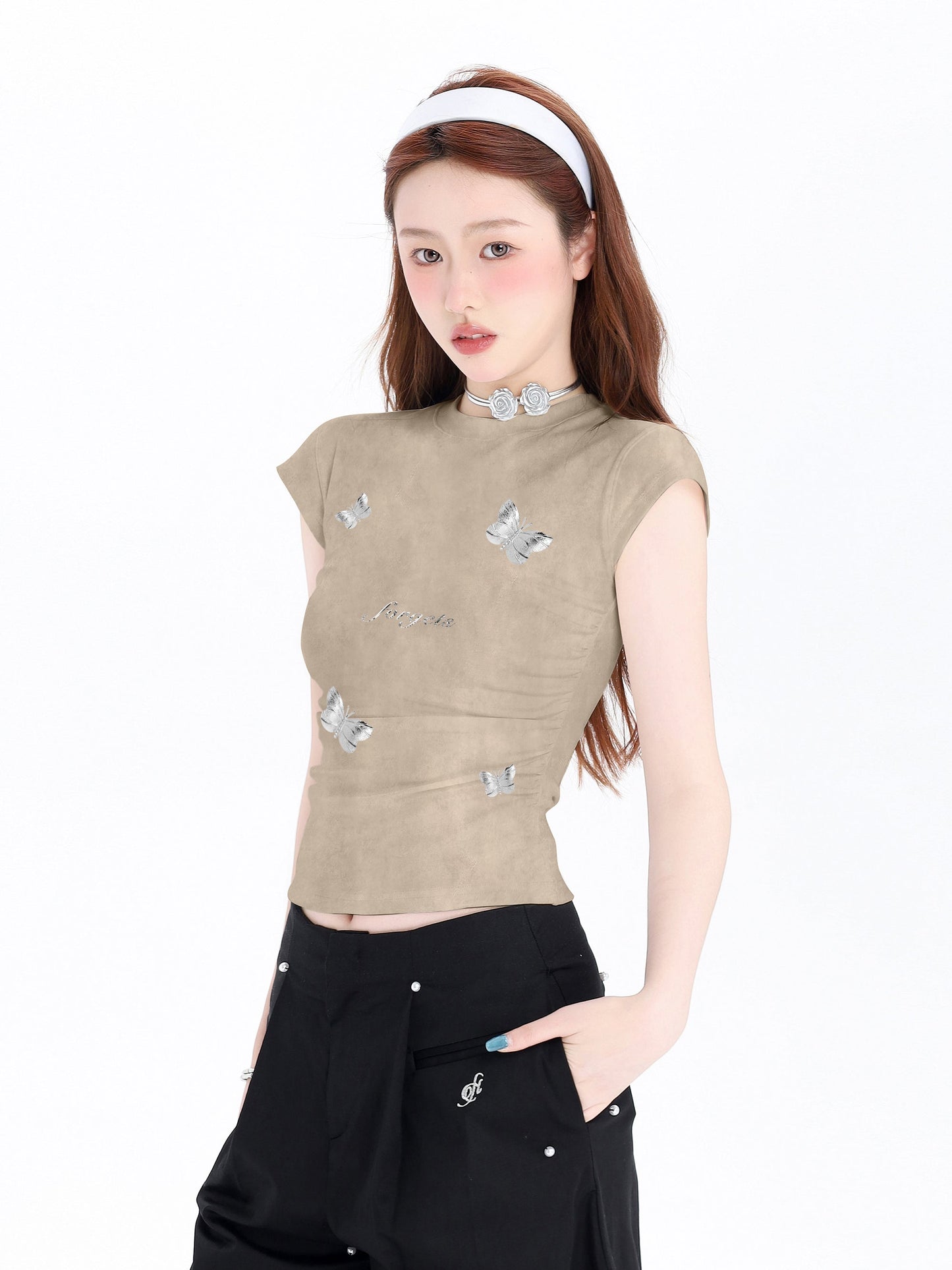 Butterfly Embroidered Cap Sleeve Top