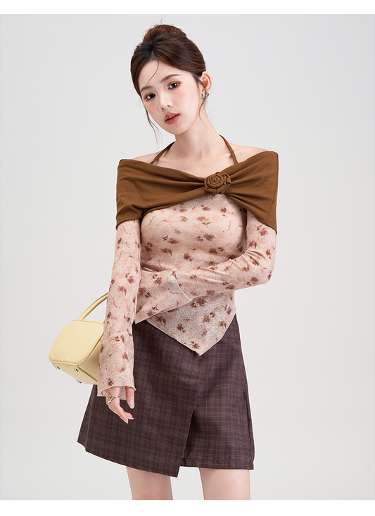 Floral Off-Shoulder Top with Brown Shrug and Rosette Detail