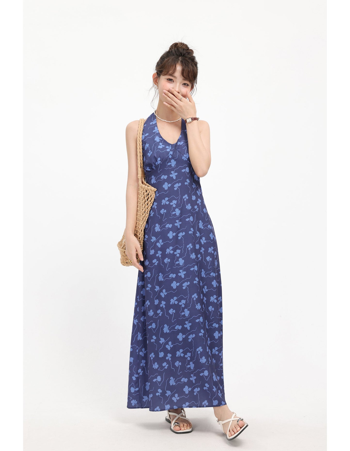 Blue Floral Print Sleeveless Maxi Dress