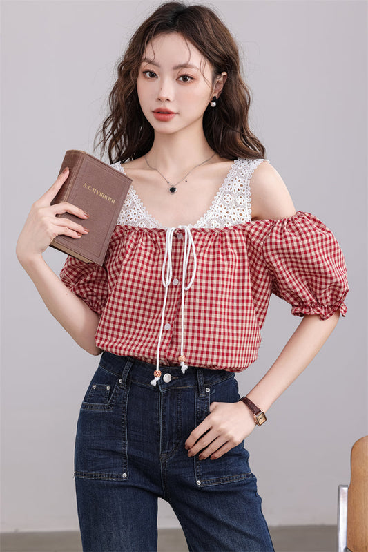 Red Gingham Off-Shoulder Top with Lace Straps