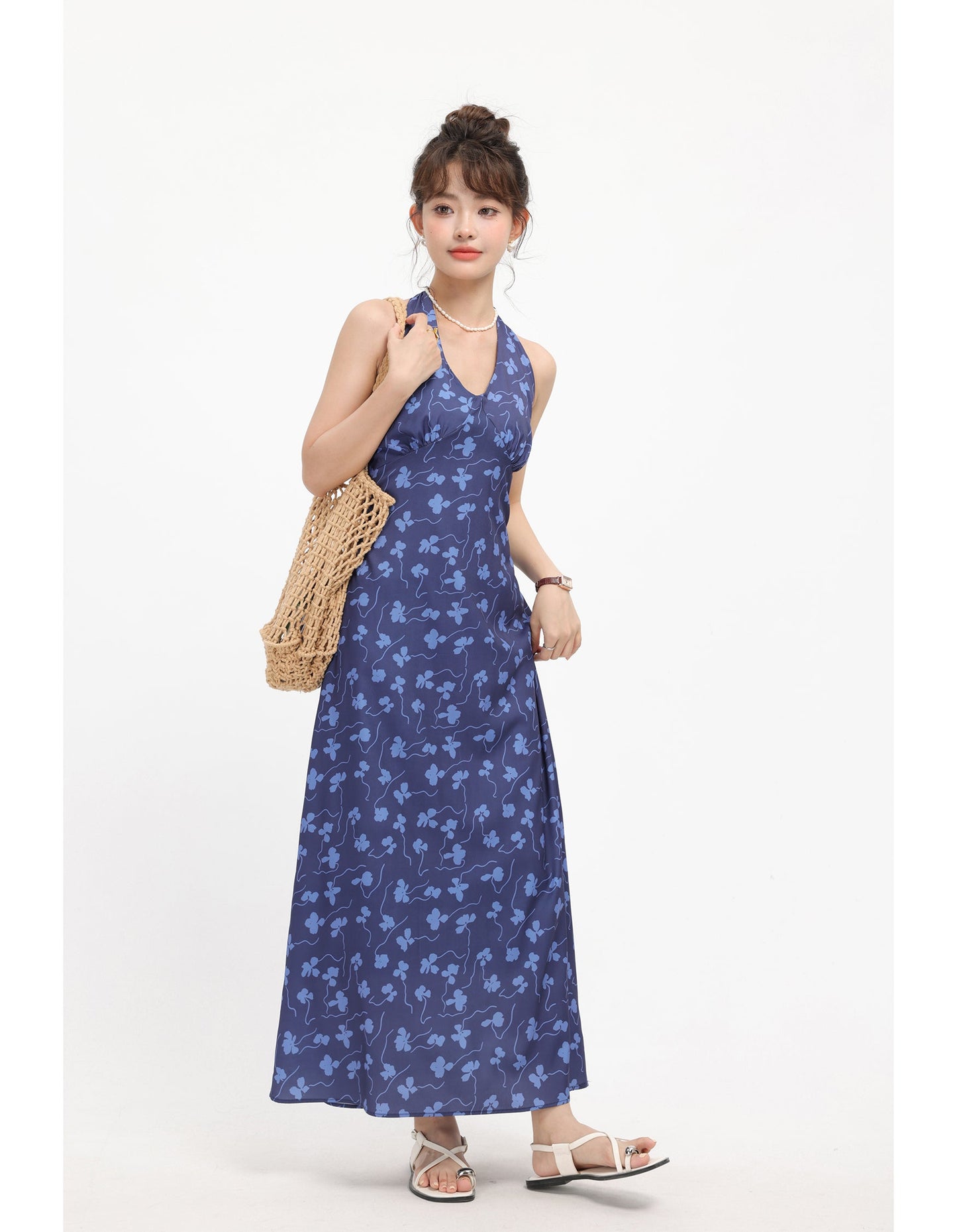 Blue Floral Print Sleeveless Maxi Dress