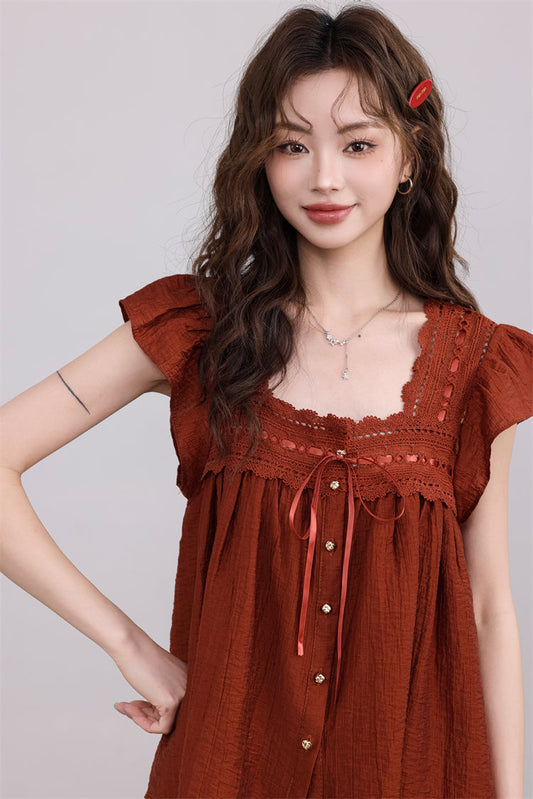 Rust Lace-Trimmed Buttoned Blouse