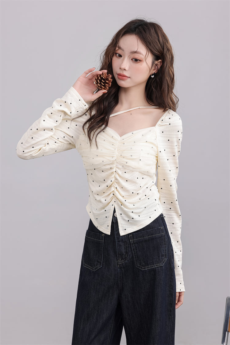 Cream Ruched Polka Dot Top