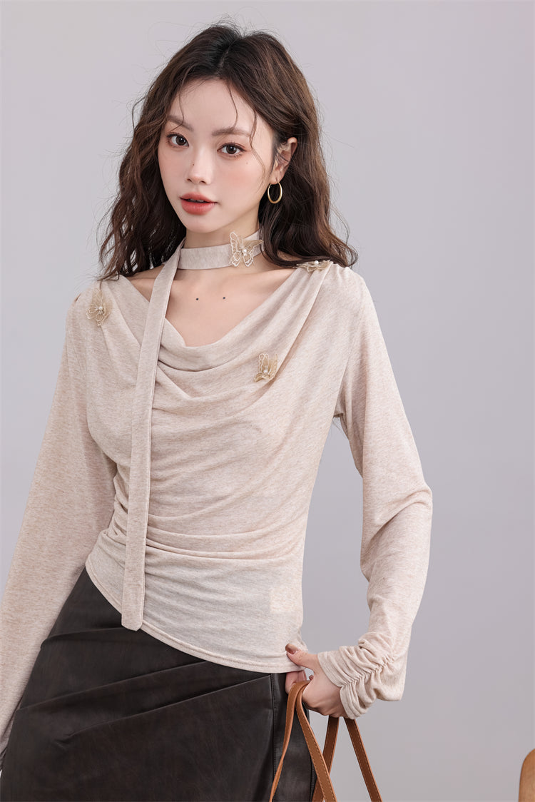 Beige Drape Top with Butterfly Embellishments