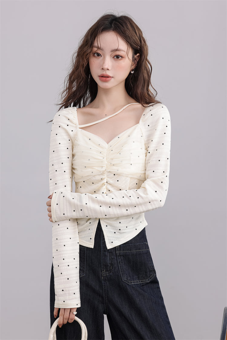 Cream Ruched Polka Dot Top