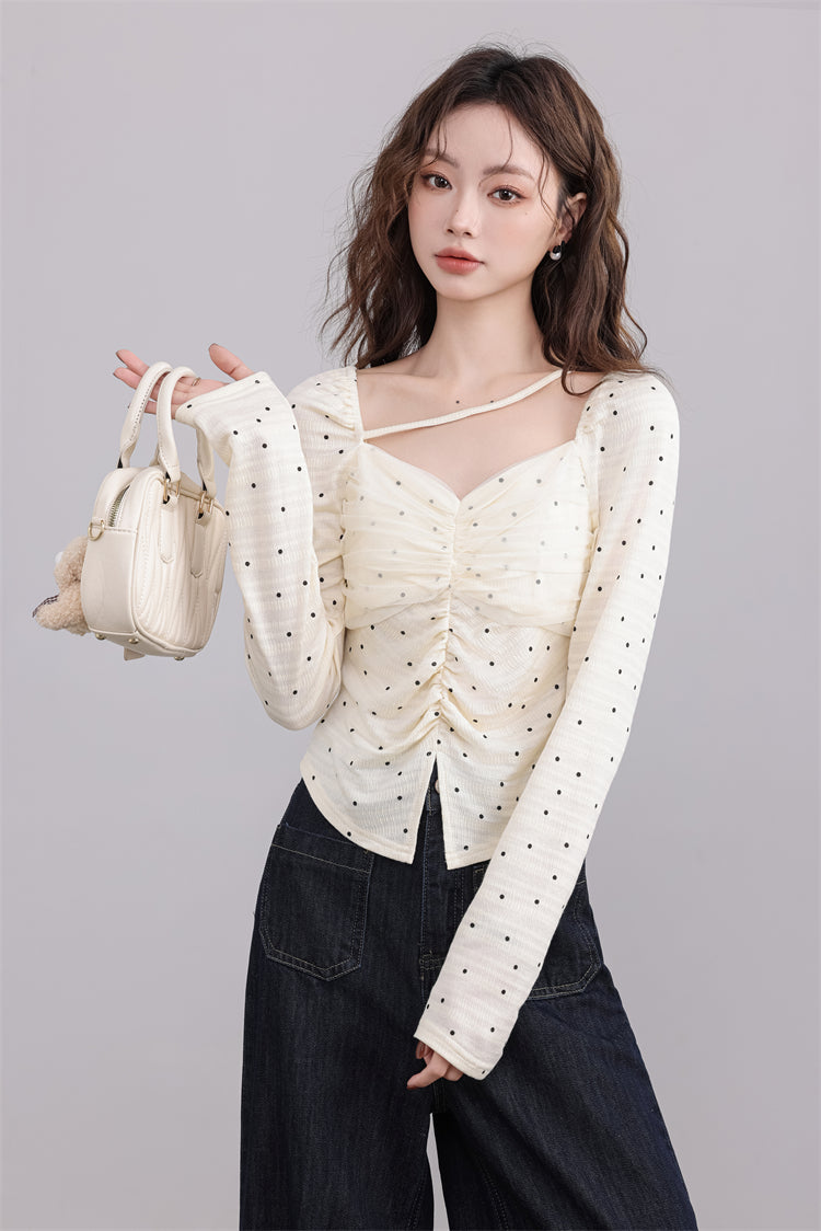 Cream Ruched Polka Dot Top