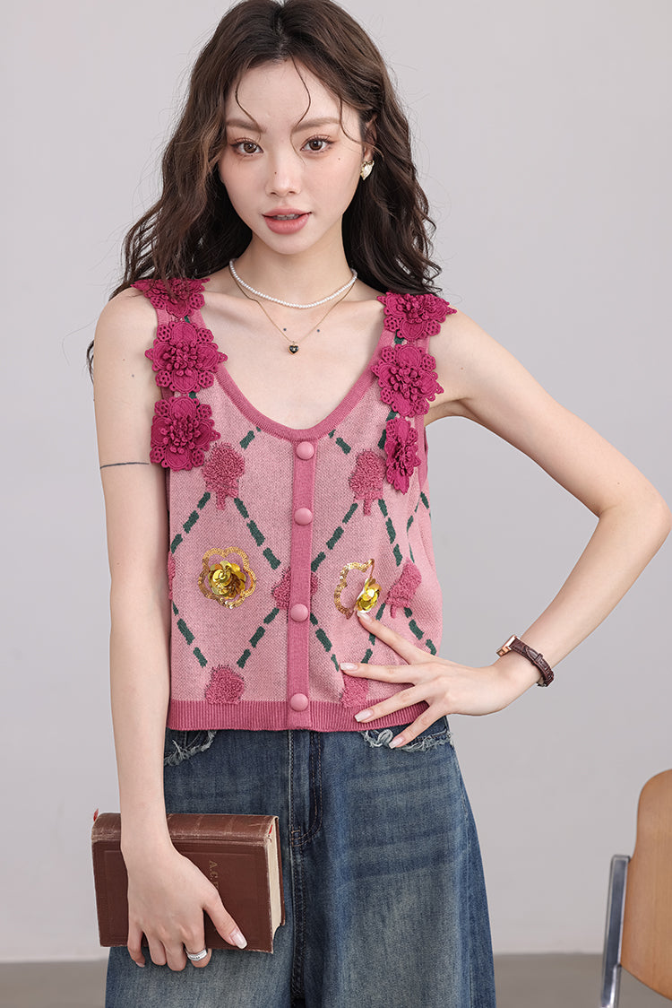 Pink Vest with Floral Appliqué