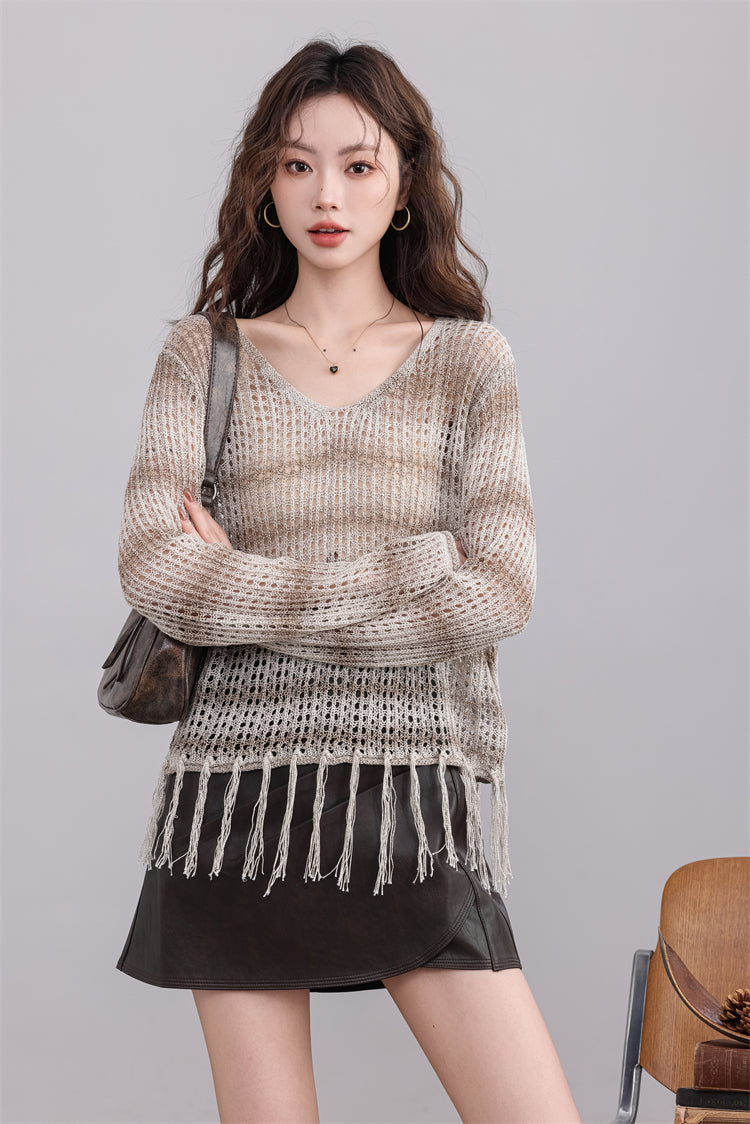 Beige Knit Sweater with Fringe