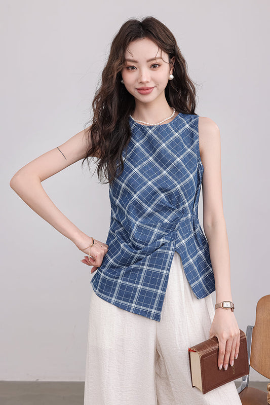 Blue Plaid Asymmetrical Top