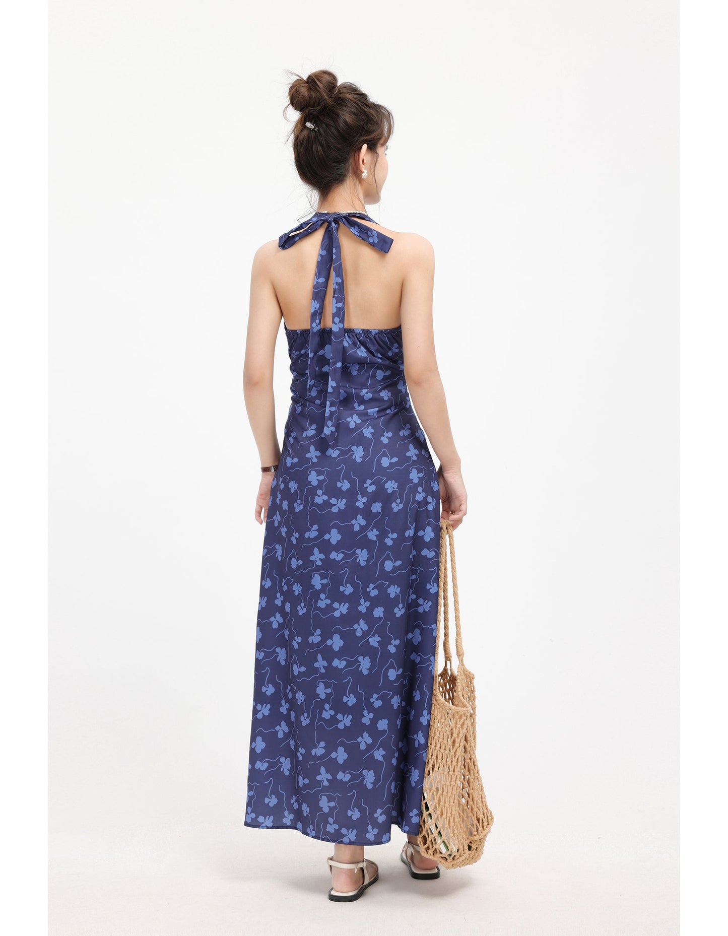 Blue Floral Print Sleeveless Maxi Dress