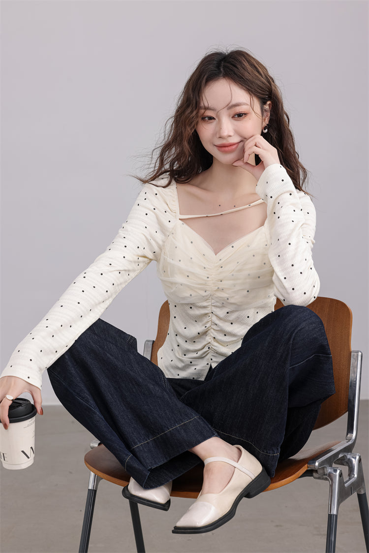 Cream Ruched Polka Dot Top