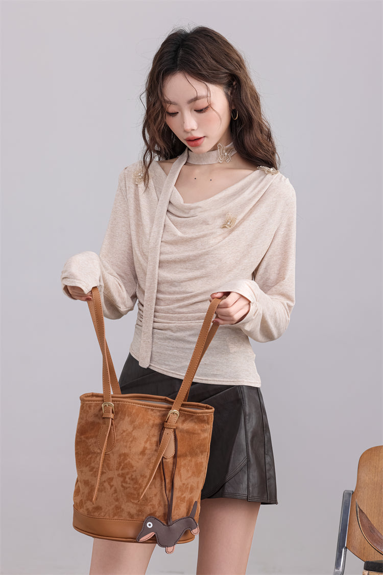 Beige Drape Top with Butterfly Embellishments