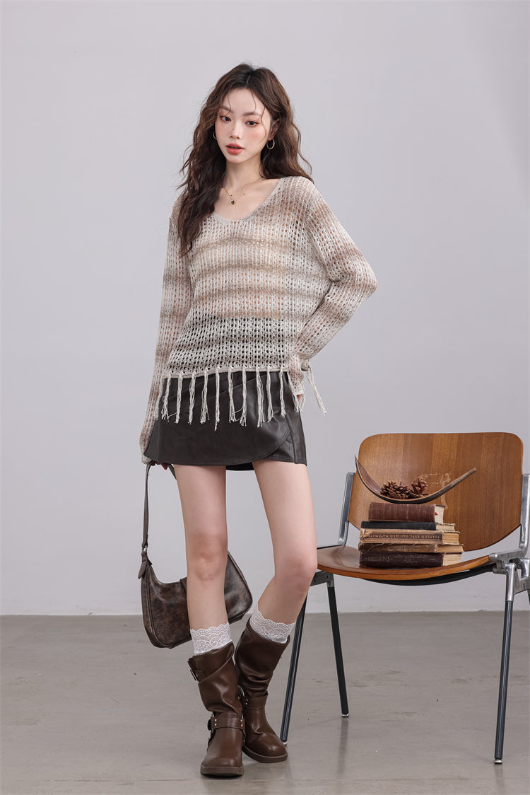 Beige Knit Sweater with Fringe