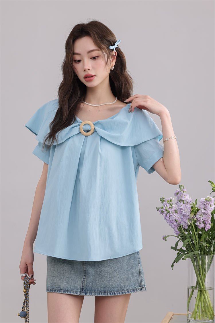 Blue Ruffled Blouse with Decorative Ring