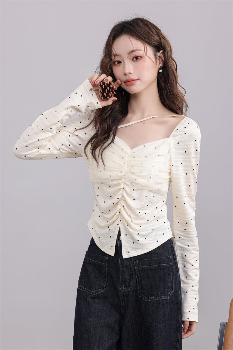 Cream Ruched Polka Dot Top