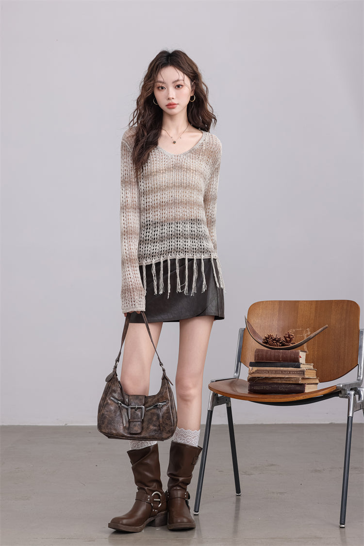 Beige Knit Sweater with Fringe