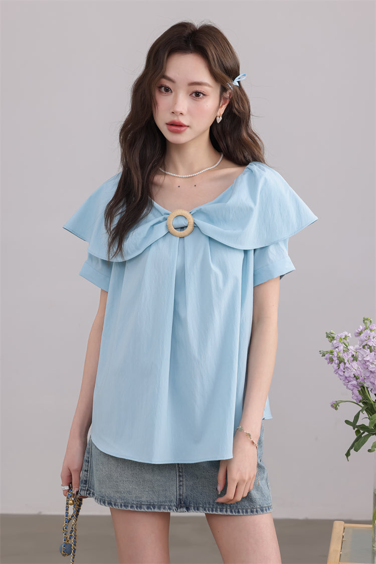 Blue Ruffled Blouse with Decorative Ring