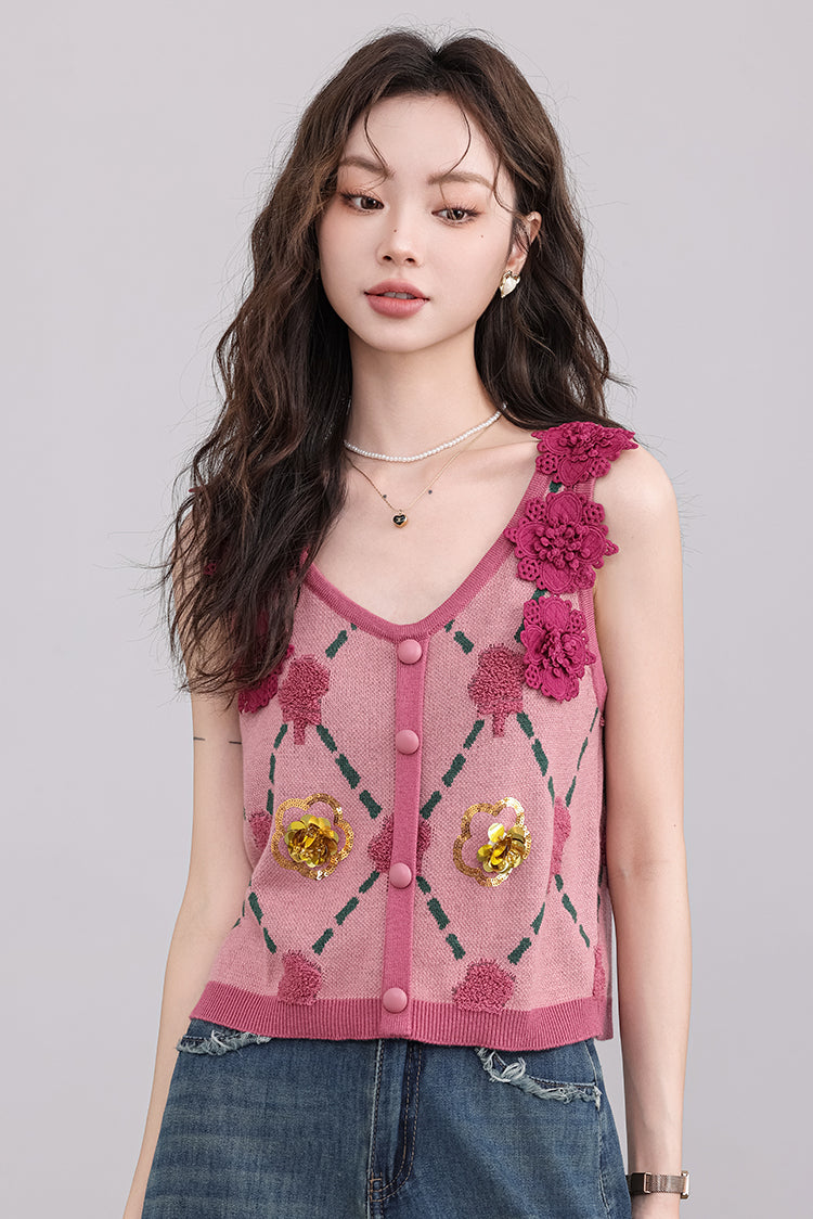 Pink Vest with Floral Appliqué