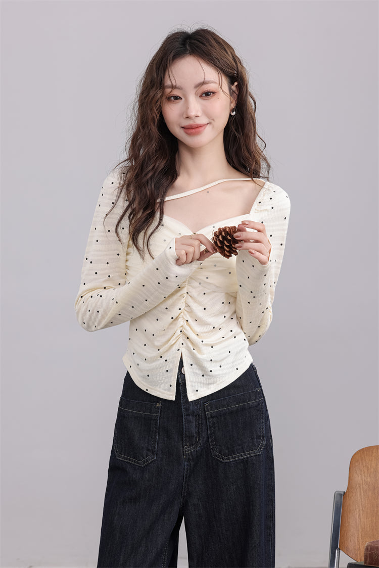 Cream Ruched Polka Dot Top