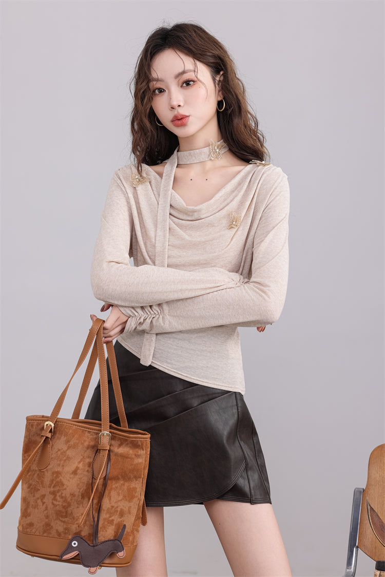 Beige Drape Top with Butterfly Embellishments