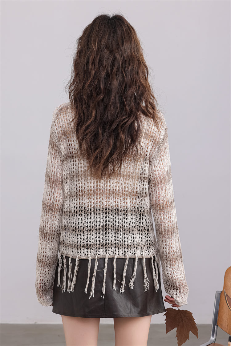 Beige Knit Sweater with Fringe