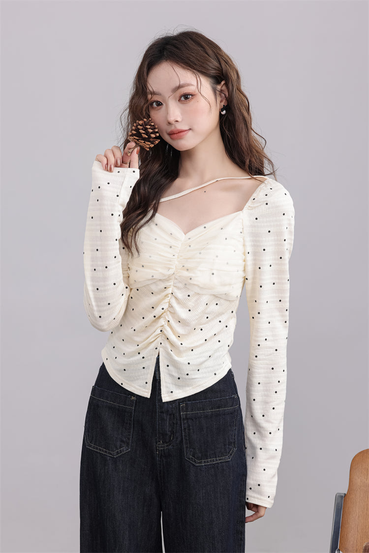 Cream Ruched Polka Dot Top