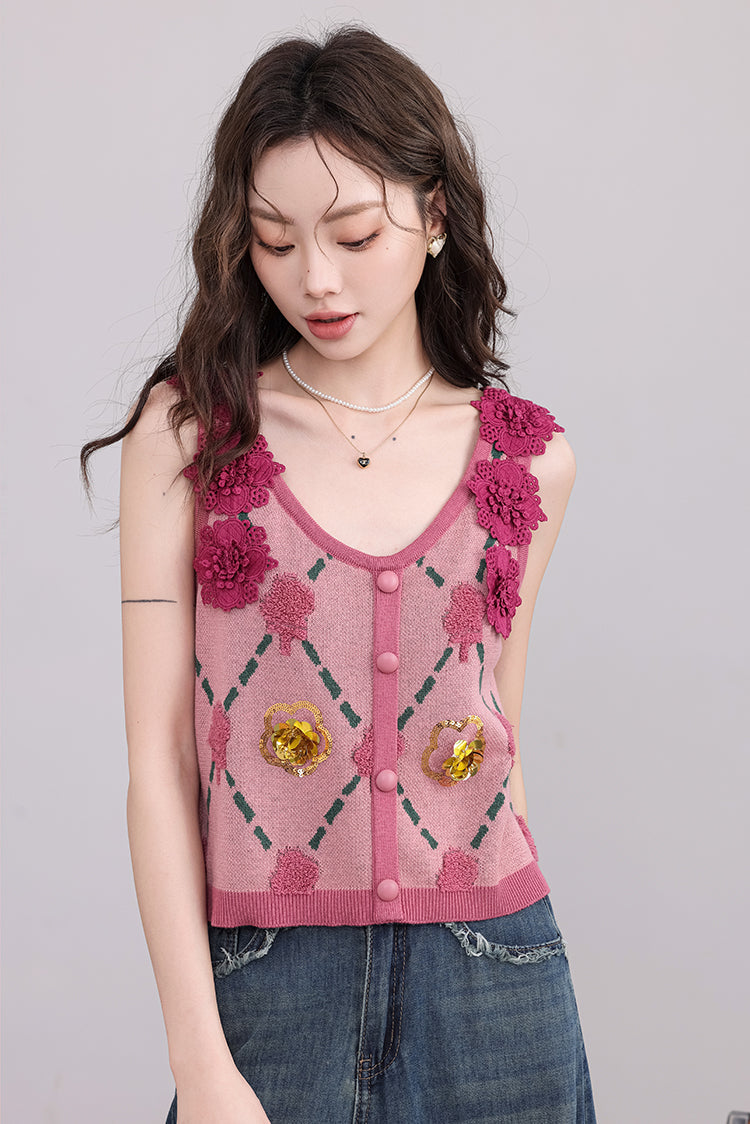 Pink Vest with Floral Appliqué