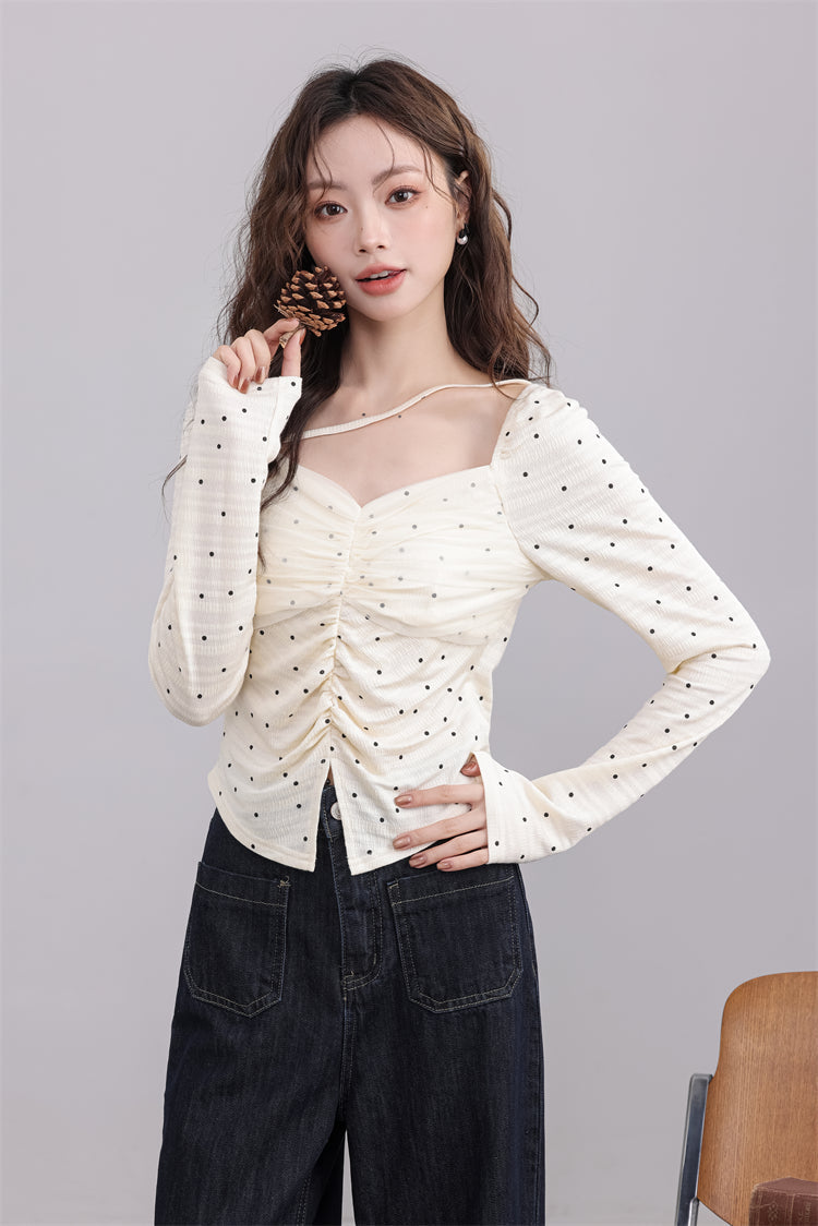 Cream Ruched Polka Dot Top