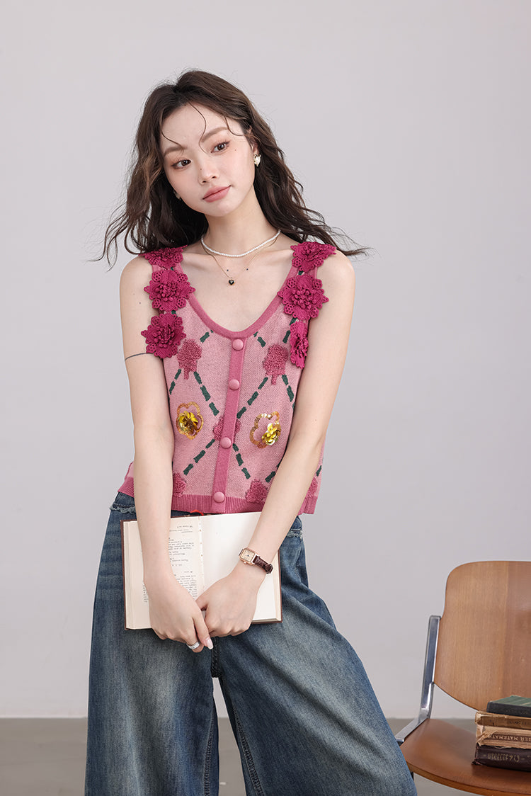 Pink Vest with Floral Appliqué