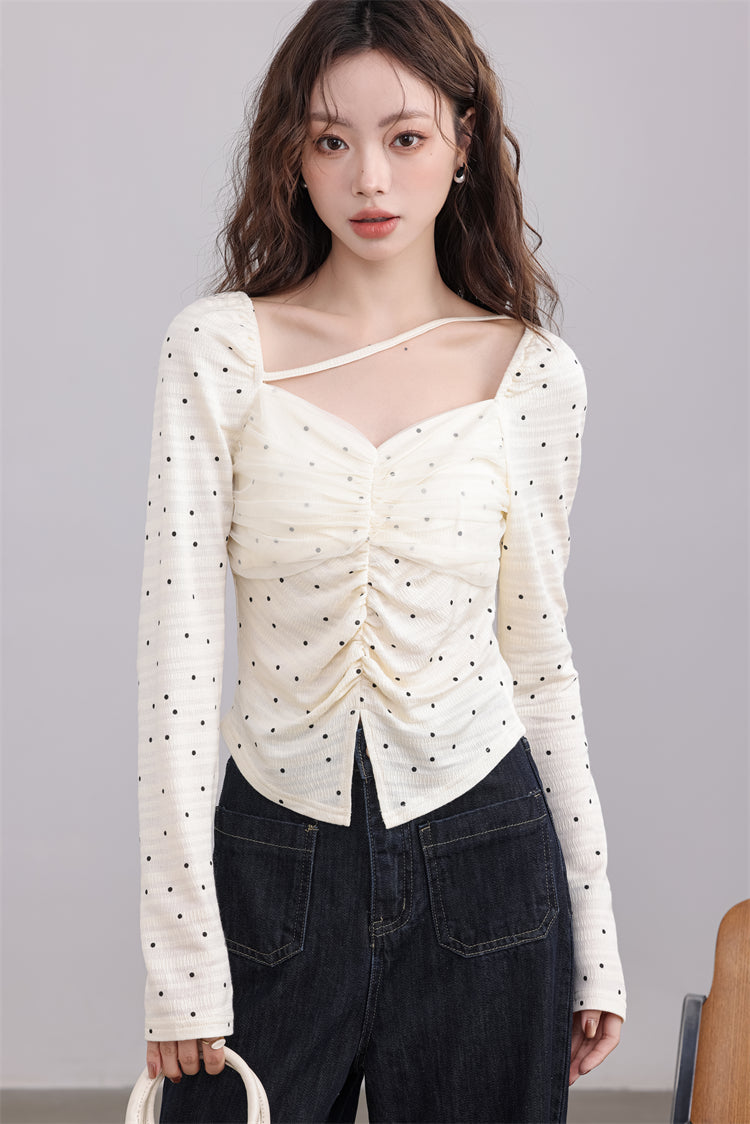 Cream Ruched Polka Dot Top