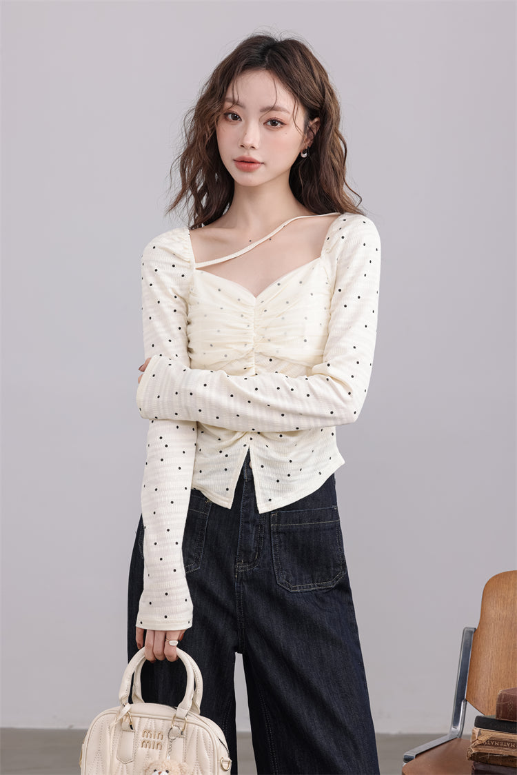 Cream Ruched Polka Dot Top