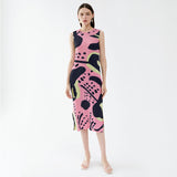 Two-Tone Printed High-Waisted Slit Dress